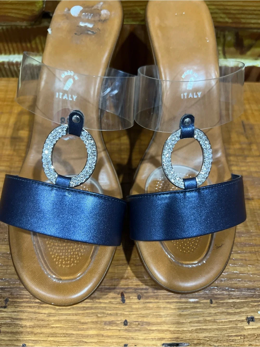 Navy & Clear Strap Wedges with Rhinestone Accent